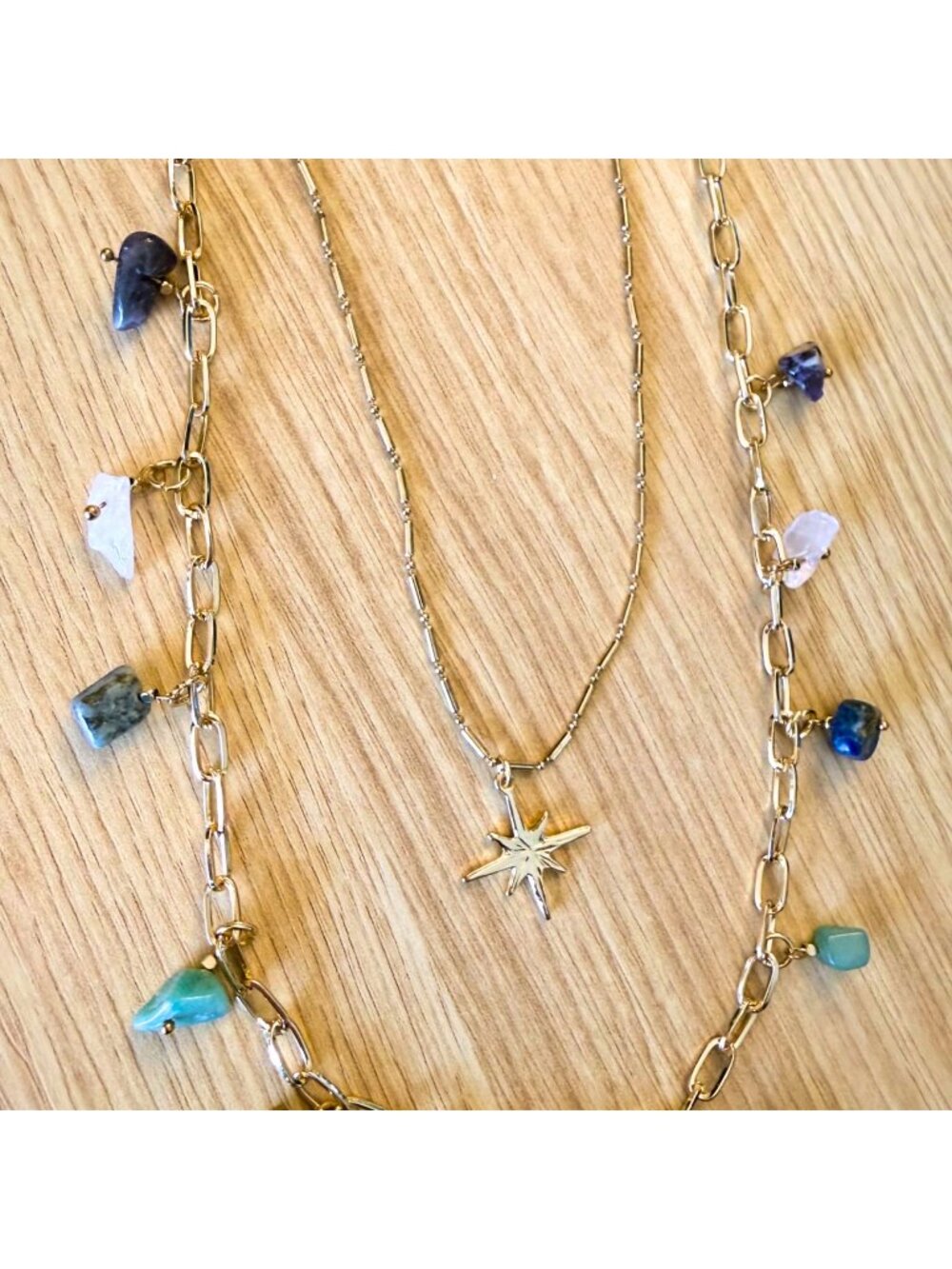 Long Layered Gold Necklace Star Pendant Natural Stone Charms Paperclip Chain - Picture 7 of 7